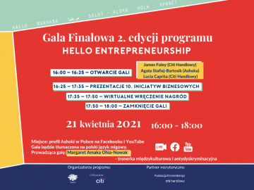 Na czerwonym tle z granatowymi, żółtymi i zielonymi akcentami tekst zaproszeia na Galę Finałową 2. edycji programu Hello Entrepreneurship.