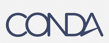 Conda Logo, Romania Partner; Word in capital dark blue letters: CONDA, with the bridge in the capital letter "a" being diagonal
