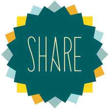 Fourparticular geometric forms on top of each other. Their colors are yellow, orange, blueish green, and light blue. It's written "Share" on top of it all.