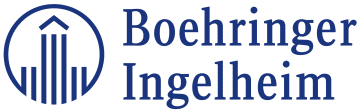 Boehringer Ingelheim Logo; All dark blue; Circle with vertical lines creating a tall building in the middle. Next to it, the word "Boehringer" over "Ingelheim"
