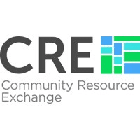 It's written captelized "CRE" in black. In the right of it there's a square composed by different squares and rectangle in blue and green. Right below it's written "Community Resource Exchange"