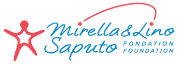 Cartoon of a person in a star formation in red next to the words "Mirella & Lino Saputo Foundation" in cursive light blue lettering