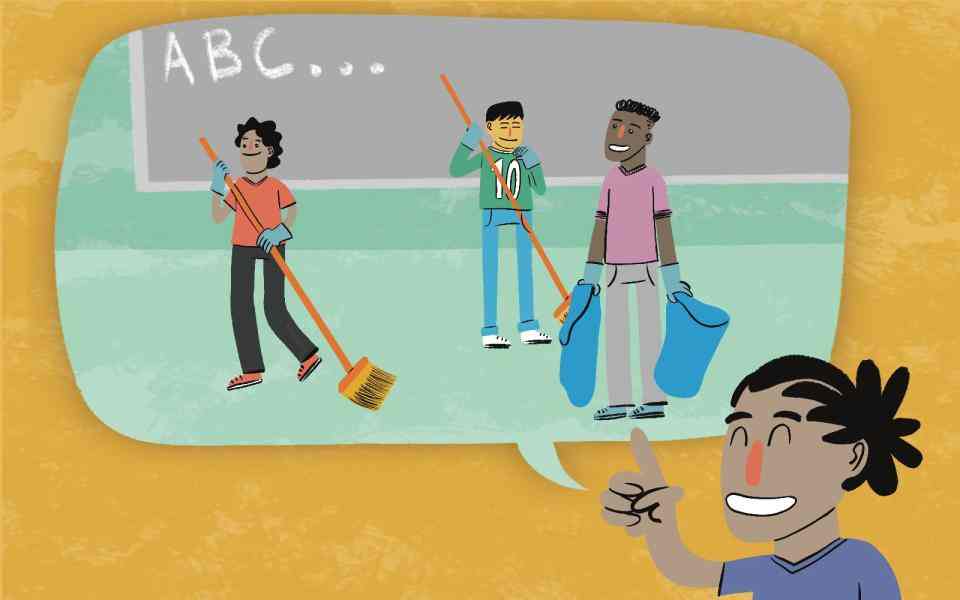 Colorful drawing of students with trash bags and brooms