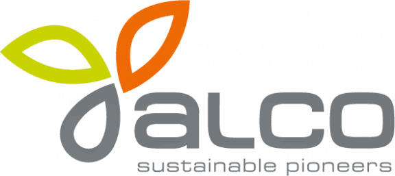 Logo for Alcodis; three small petal leaves – one in lime green, one in orange, and one in grey; next to the three petals is the word alco in lower case bold grey; underneath in smaller letters and grey "Sustainable Pioneers"