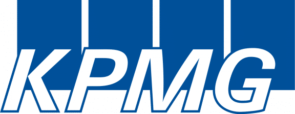 Logo for KPMG, partner of Ashoka Hungary. Four blue rectangles in the background. White letters in blue outline in the foreground that say "KPMG"
