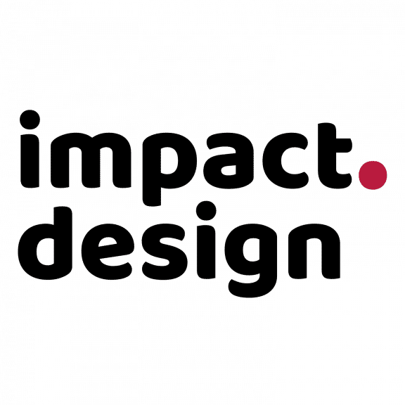 Logo for Impact Design, Partner of Ashoka Hungary. Lowercase letters in bold and black saying "impact" with a red period. Next line, lowercase letters in the same bold and black saying "design"