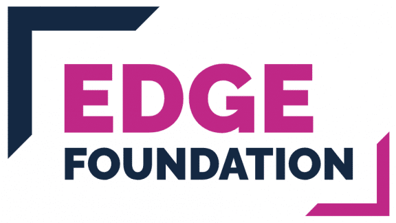 Logo for Edge Foundation, Partner of Ashoka UK & Ireland; 'Edge' in capitalized magenta letters with the words 'foundation' underneath in smaller capitalized Black letters. Upper left corner diagonal to the word "Edge" in Black and large; lower right corner diagonal from the end of the word Foundation in magenta