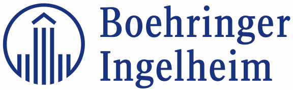 Boehringer Ingelheim Logo; All dark blue; Circle with vertical lines creating a tall building in the middle. Next to it, the word "Boehringer" over "Ingelheim"