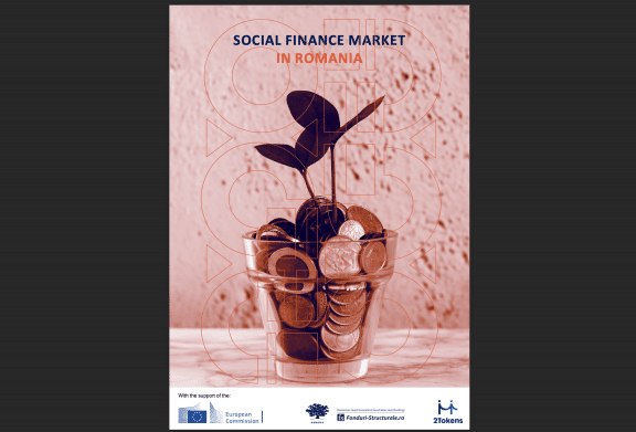 Cover of social finance report in Romania - plant vase with money in it 