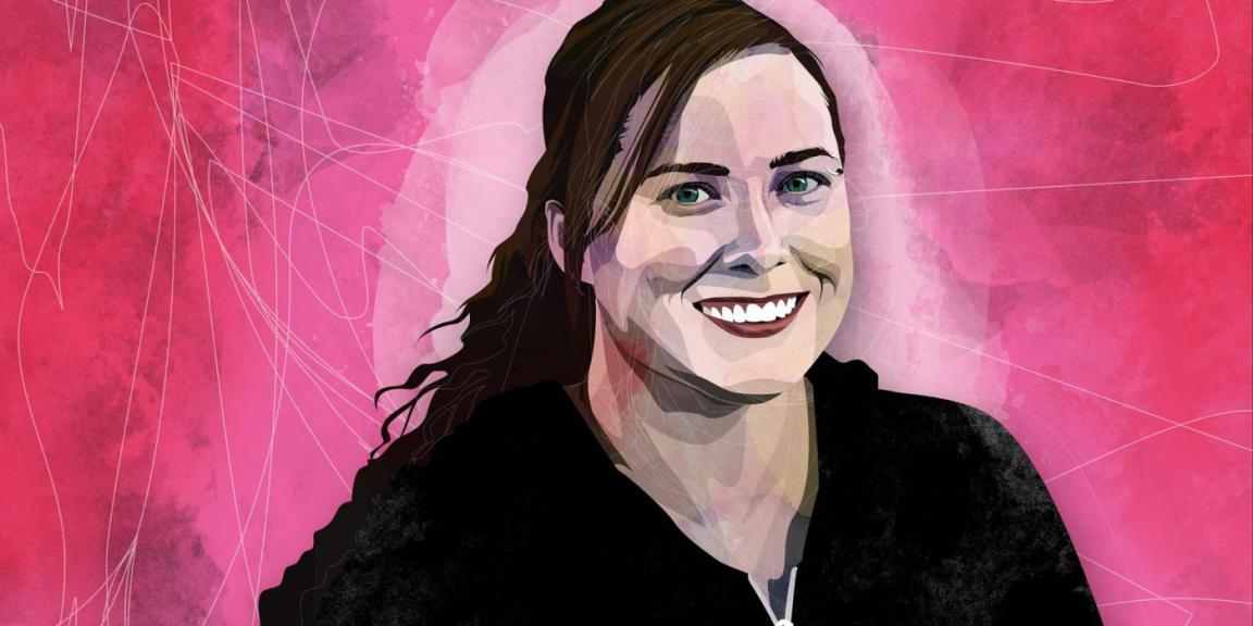 graphic of smiling women at pink background 