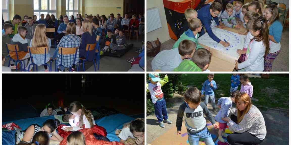 a collage of four photos with children playing