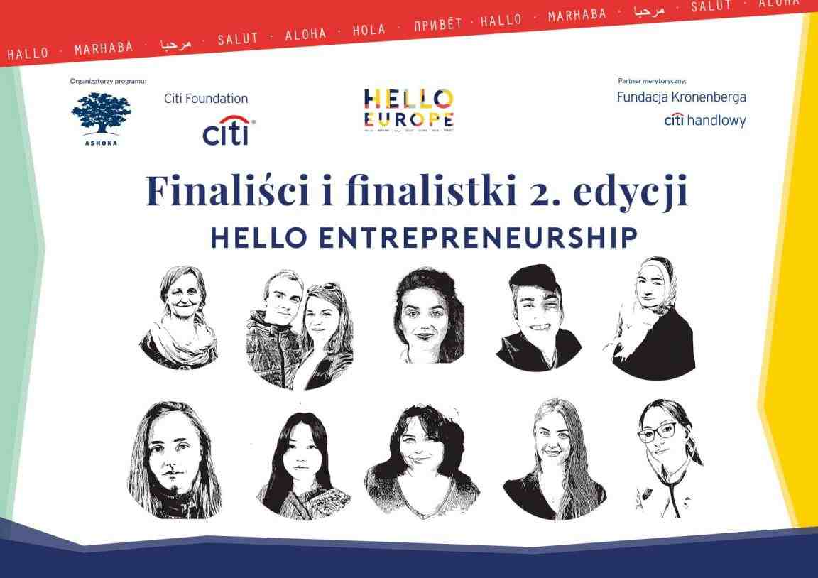 Grafika przedstawia rysowane jednobarwne, czarne portrety dziesięciu uczestniczek i uczestników, wokół których są elementy w kolorze czerwonym, żółtym, granatowym i miętowym, logo Ashoki, Citi Foundation, Hello Europe i Fundacji Kronenberga Citi Handlowy.