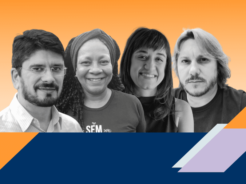 Gradient orange background. There are black and white pictures of Valmir Ortega, Beth Cardoso, Gabriela Agustini and Rodrigo Savazoni. There are lilac, light blue, nacy blue and orange graphic lines in the bottom.