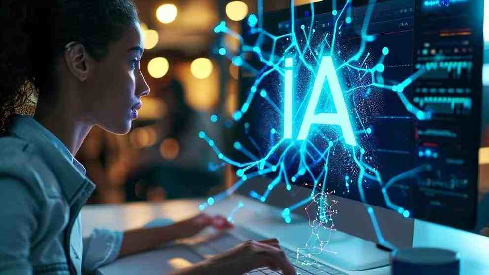 Mujer mirando una computadora con un cartel que dice IA en referencia a la inteligencia artificial