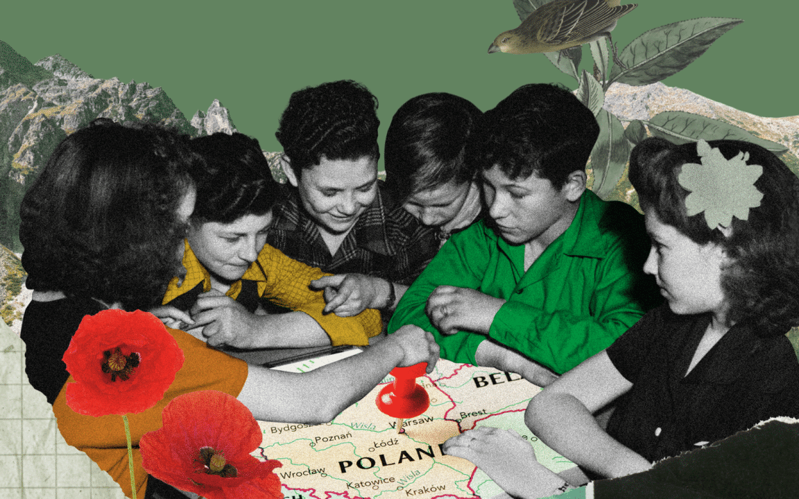 The image shows a group of children gathered around a large map of Poland. They are pointing at or touching the map, which has a red pushpin marking a location near Warsaw. Bright red poppy flowers are placed in the foreground, and the background features green leaves, a bird, and mountains, giving the scene a collage-like appearance.