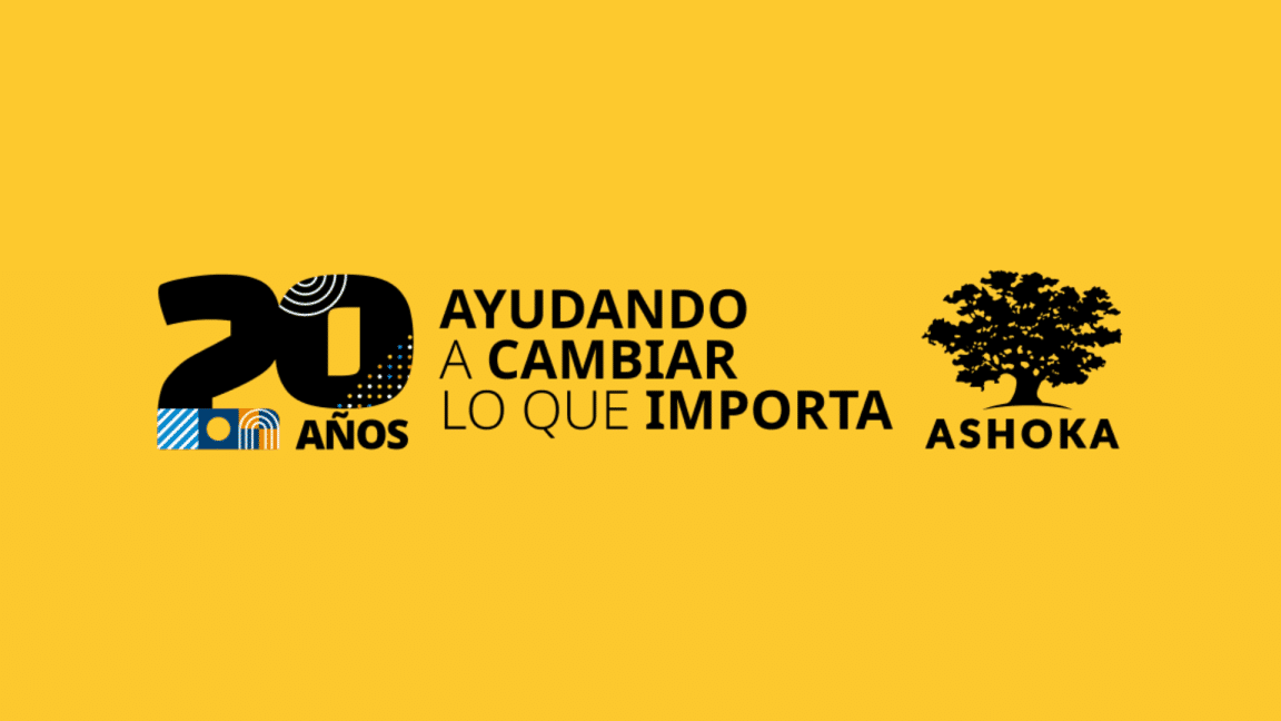 Fondo amarillo con el logo del 20 aniversario de Ashoka España