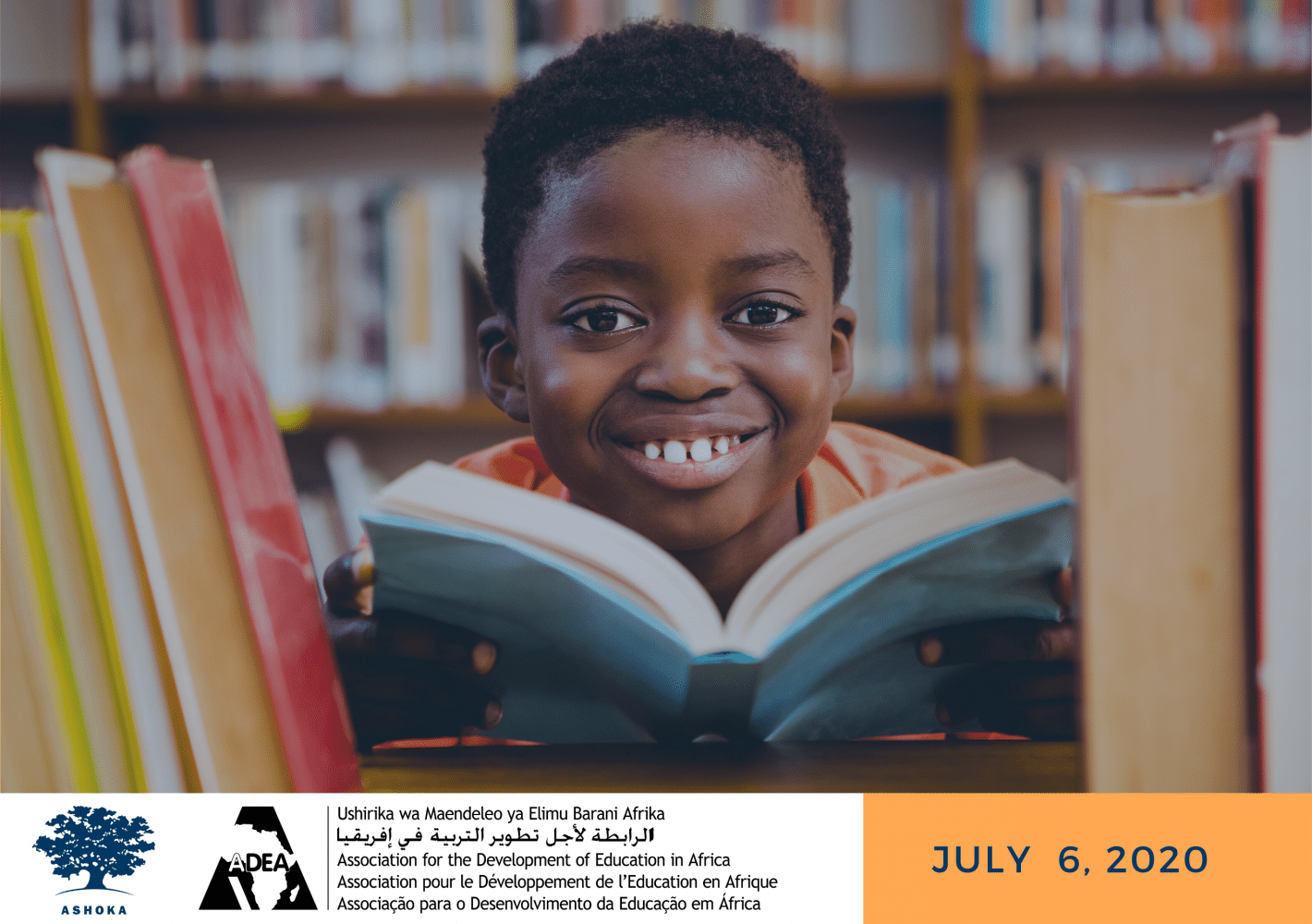Delivering quality education in Africa invitation with boy holding a book