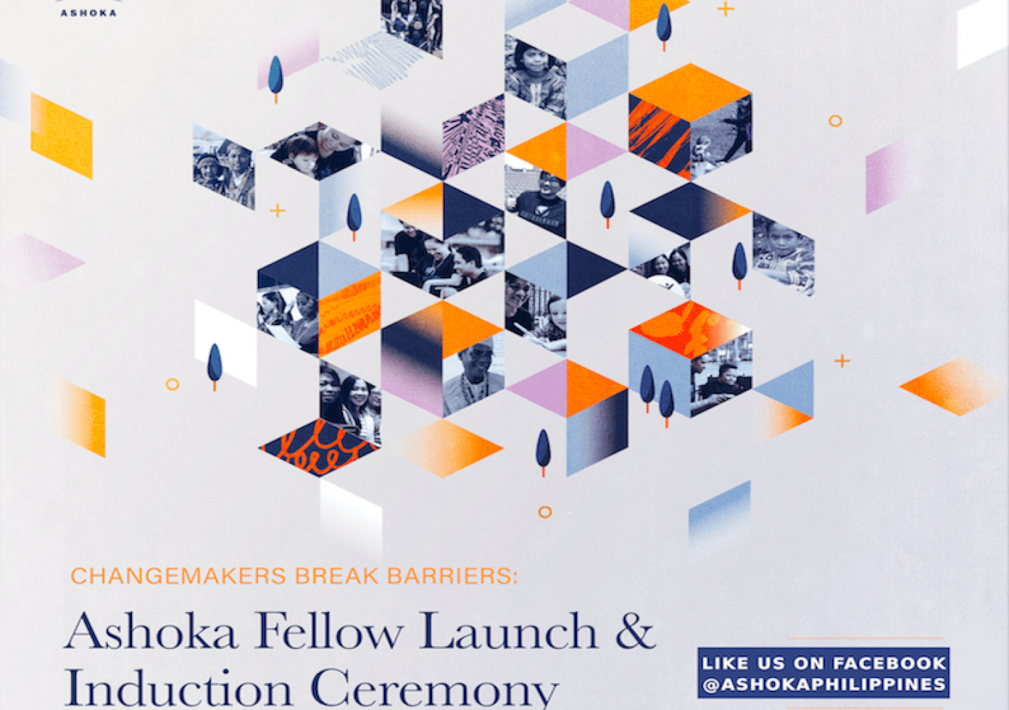 Geometric pattern featuring photos of Ashoka Fellows and their communities