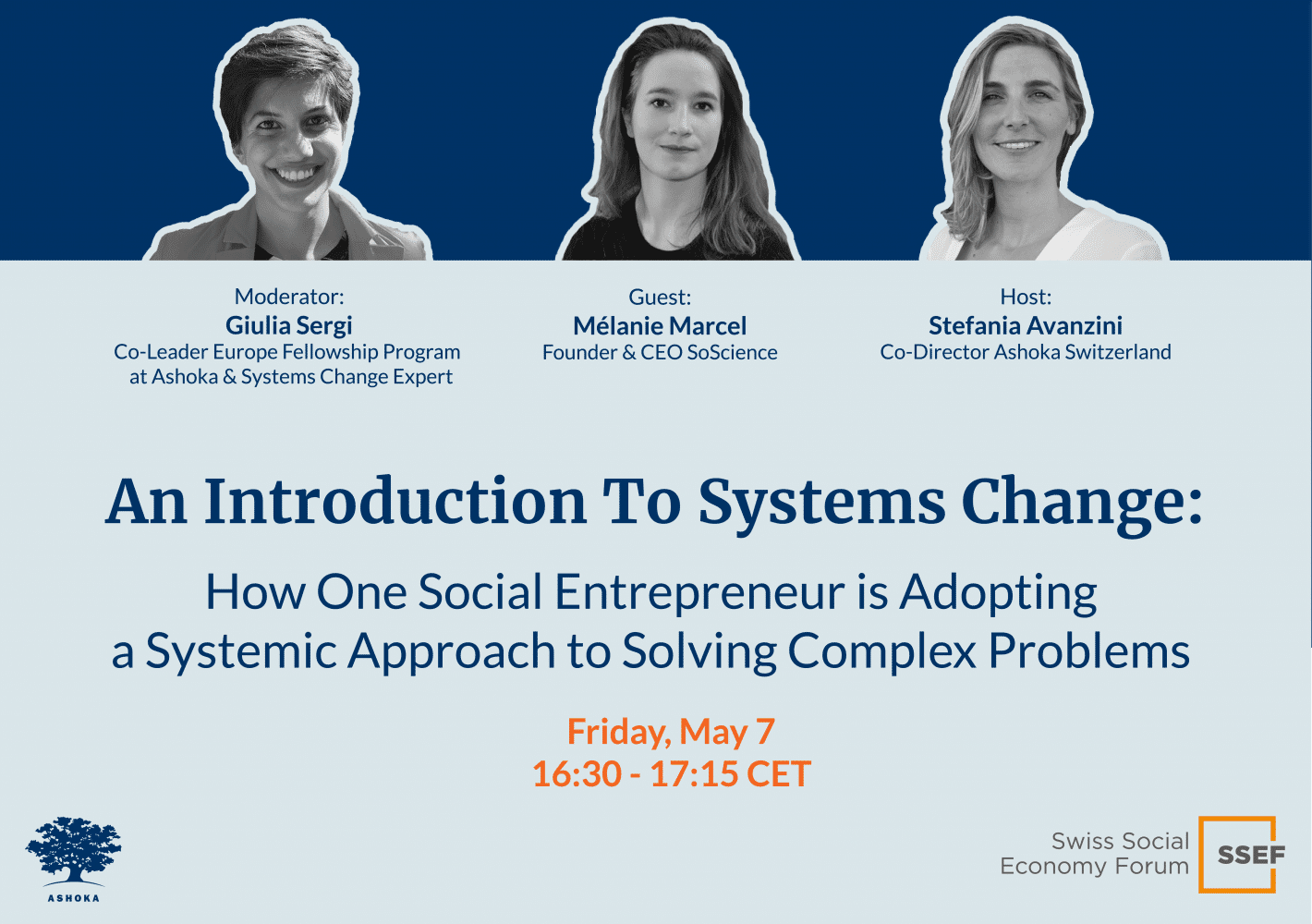 Event flier with image of speakers Giulia Sergi, Mélanie Marcel and host Stefania Avanzini