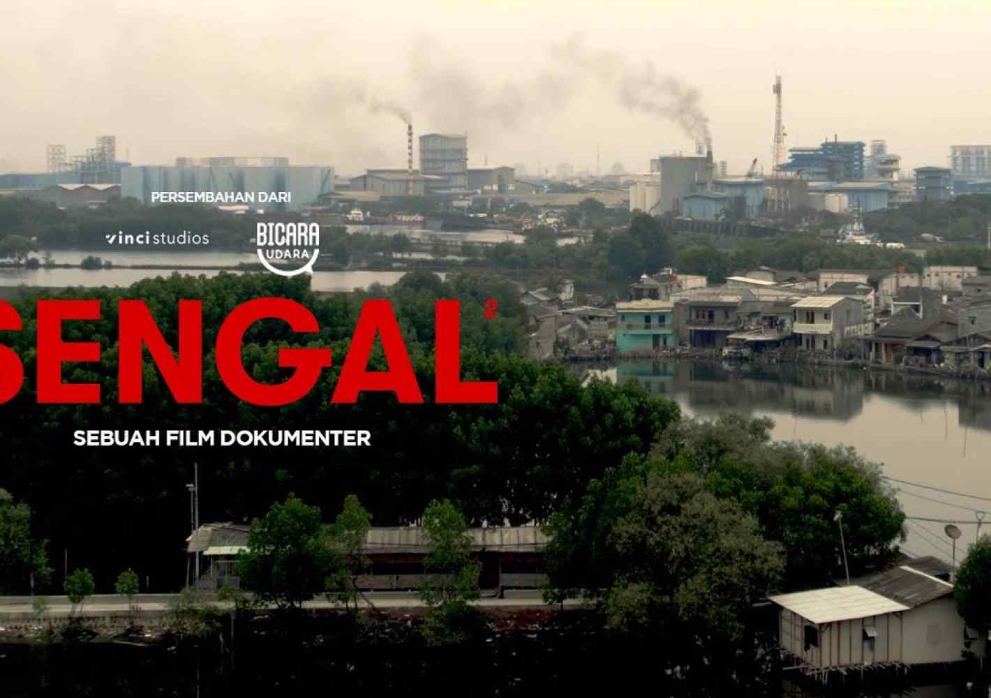 A poster for a documentary called Sengal shows factory buildings and scenes full of air pollution. 