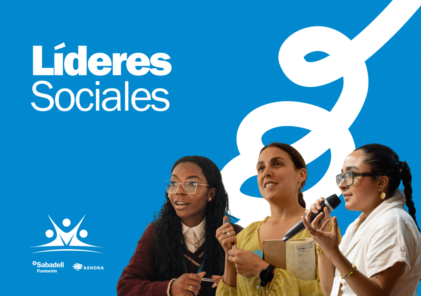 Banner de la convocatoria Líderes Sociales (fondo azul cielo, con el nombre de la convocatoria en la esquina superior izquierda en blanco, el logo de la convocatoria más el de Ashoka y la Fundación Banco Sabadell en la esquina inferior izquierda, la imagen de tres chicas jóvenes en la esquina inferior derecha y un trazo blanco por detrás de estas).