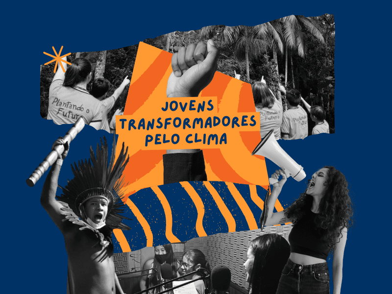 Colagens em preto e branco de jovens ativistas. Ao centro, há um punho cerrado e por cima há um texto sobre uma tarja laranja onde se lê "Jovens Transformadores pelo Clima"
