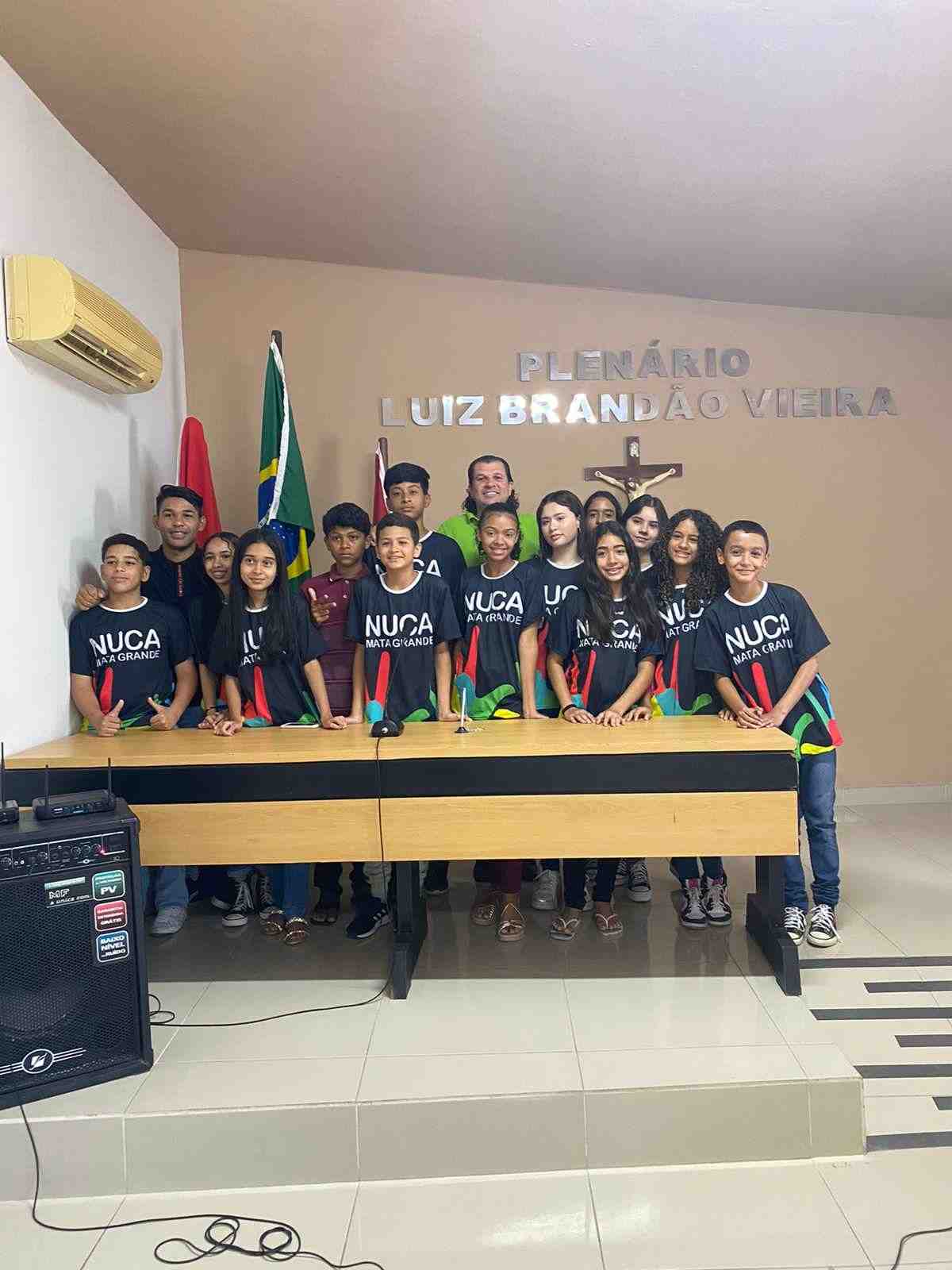 Grupo de jovens reunidos em uma sala. Ao fundo, há bandeiras penduradas em pedestal e lê-se "Plenária Luiz Brandão Vieira"