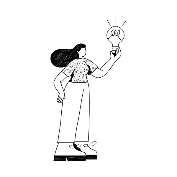 Diseño de un dibujo de una persona sujetando en alto una bombilla encendida