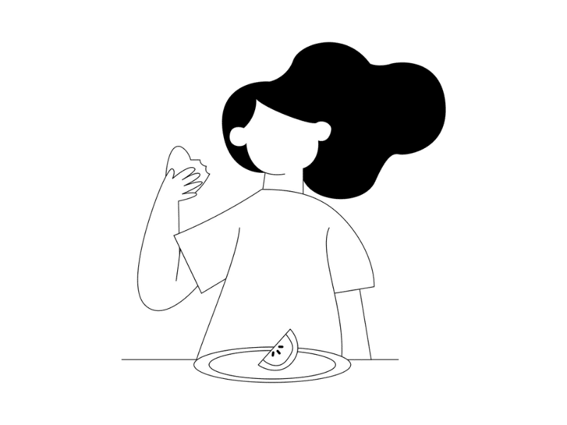 Diseño de una ilustración de una persona enfrente de un plato, con un gajo de fruta en el plato y otro el la mano