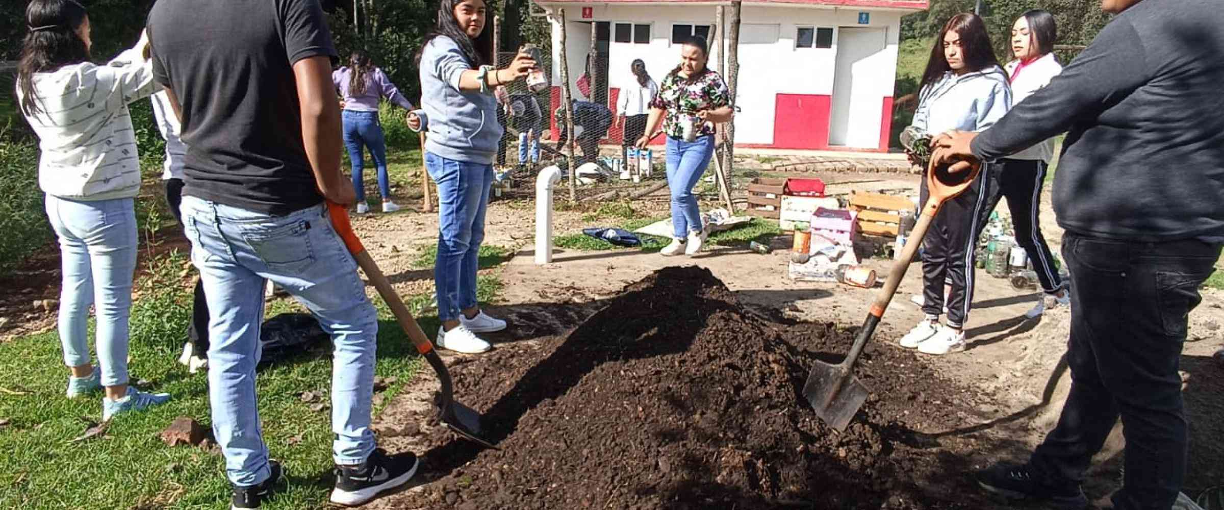 Grupo de jovenes plantando árboles.