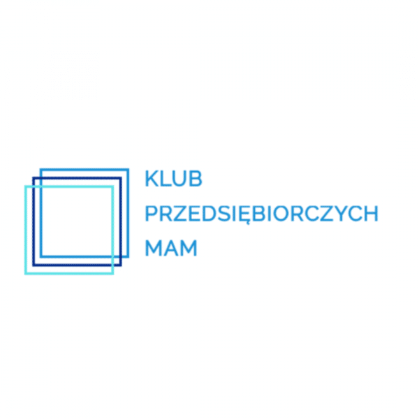 Na biąłym tle napis "Klub Przedsiębiorczych Mam", a po jego lewej stronie 3 nałożne na siebie kwadraty w 3 odcieniach niebieskiego.
