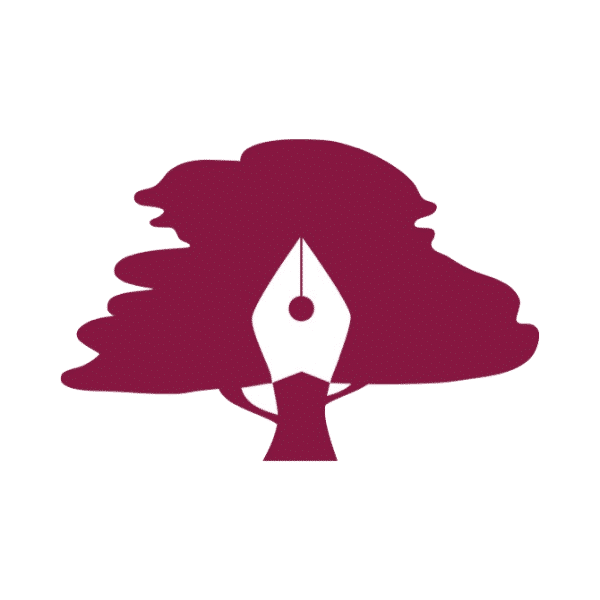 Logotipo del colegio Santo Domingo de Algete: un árbol frondoso de color granate sobre un fondo blanco, y el tronco es una pluma estilográfica