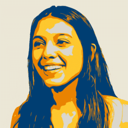 Foto com filtro amarelo e azul escuro de Adhara, jovem branca de cabelos longos, lisos e escuros
