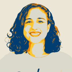 Foto com filtro amarelo e azul escuro de Beatriz, jovem de cabelos ondulados na altura dos ombros