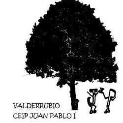 Logotipo del colegio Juan Pablo de Valderrubio: un árbol frondoso de color negro sobre un fondo blanco, y dos personajes con forma de J y de P debajo del árbol