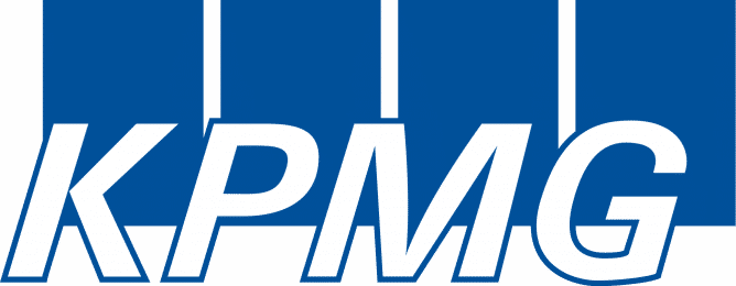 Logo for KPMG, partner of Ashoka Hungary. Four blue rectangles in the background. White letters in blue outline in the foreground that say "KPMG"