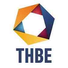 Triangle with a red corner, blue corner, and purple corner, forming a hexagon in the center of the triangle. Bold black letters all capitalized saying "THBE" on the bottom