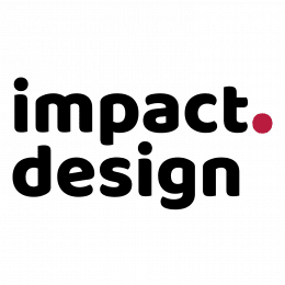 Logo for Impact Design, Partner of Ashoka Hungary. Lowercase letters in bold and black saying "impact" with a red period. Next line, lowercase letters in the same bold and black saying "design"