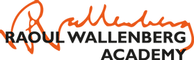 Raoul Wallenberg Academy Logo, Partner of Ashoka Nordics; Big black block capital letters RAOUL WALLENBERG ACADEMY, and above them is a signature in orange of Raul Wallenberg in cursive