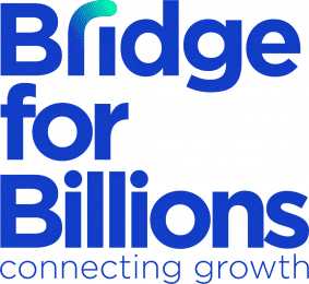 Bridge for Billions Logo, partnership for Ashoka Romania; words stacked in three lines in blue bold font: Bridge for Billions; with the r in Bridge fading from blue at the bottom of the r to light neon greon at the top of the r. Below the word "Billions" in smaller lighter blue: "connecting growth"