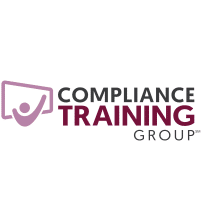 from left to right, there's a simplistic draw of a person in front of a white board. On the right it's written "Compliance" in dark gray, "Training" in dark red, and "group" in light gray.