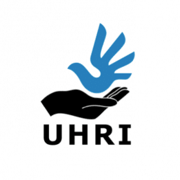 One black hand open in profile, with a blue hand open. It's written "UHRI" in black