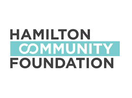 Logo for Hamilton Community Foundation. Hamilton in words in Black at top, center Community with the C and O looking like an infinity sign; white text background of teal. Below the word Foundation in black font