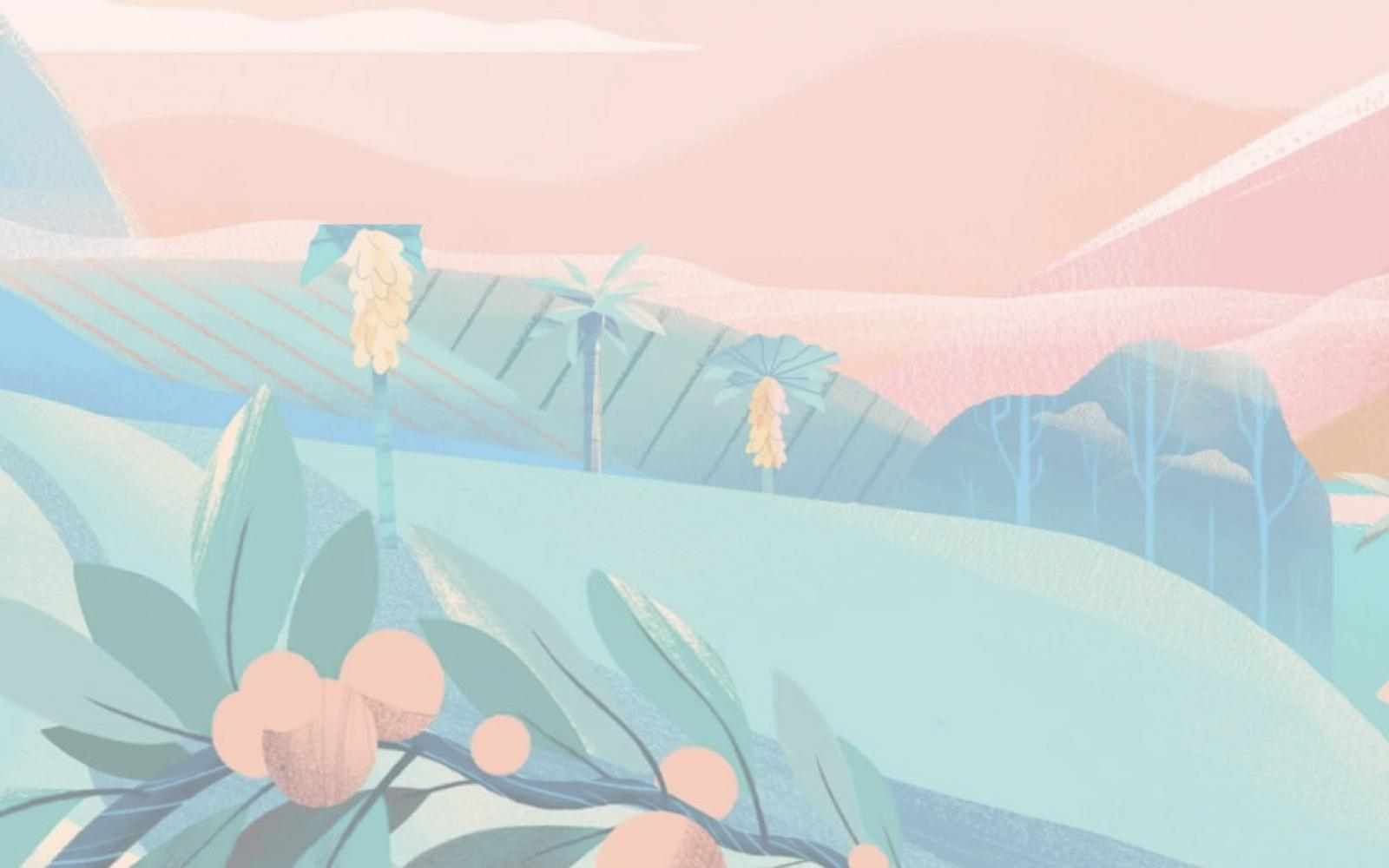 Illustration of rolling hillside and river