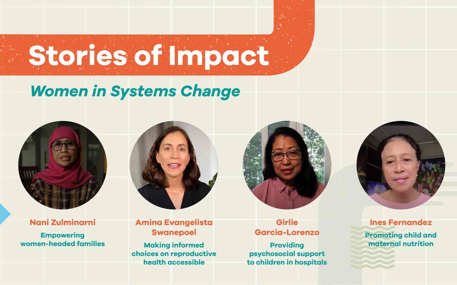 Photos of Ashoka Fellows Nani Zulminarni, Amina Evangelista Swanepoel, Girlie Garcia Lorenzo, Ines Fernandez with vectors and the text "DIWA Stories of Impact - Women in Systems Change"