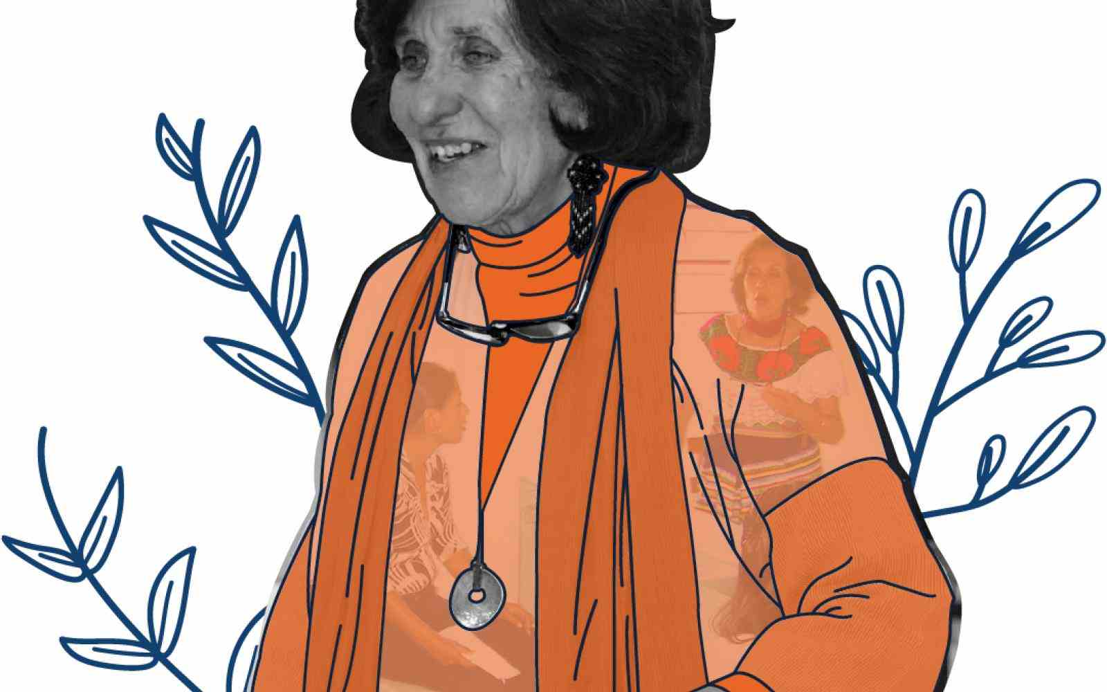 Se ve una señora de tercera edad sonriendo. La imagen est{a decorada con flores ilustradas