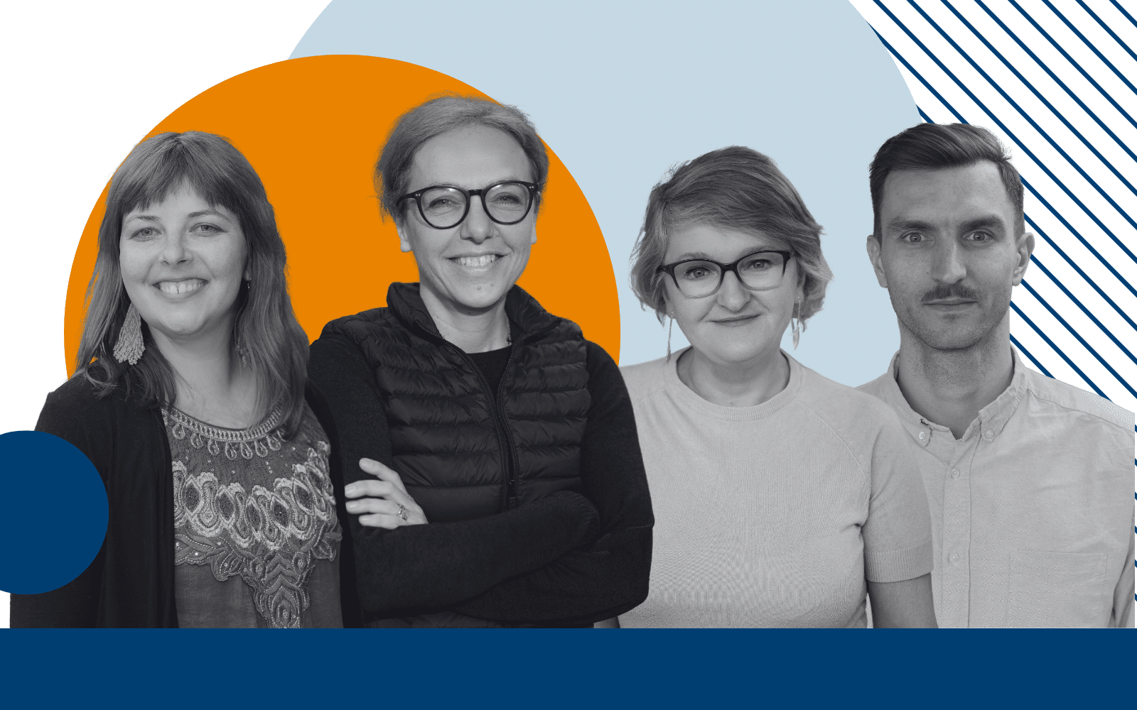 Na tle geometrycznych kształtów i pasków w kolorze jasnoniebieskim, pomarańczowym i szarym zdjęcia 4 Ashoka Fellows, od lewej: Olgi Ślepowrońskiej, Marii Deskur, Myroslavy Keryk, Maciej Otrębskiego.