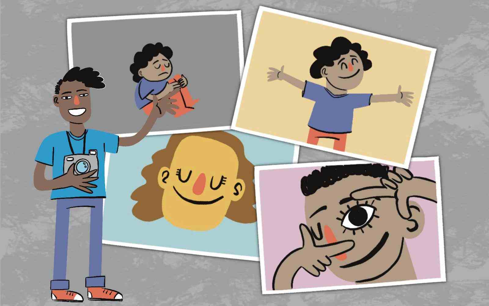 Colorful drawing of a black boy holding a camera and showing his photos