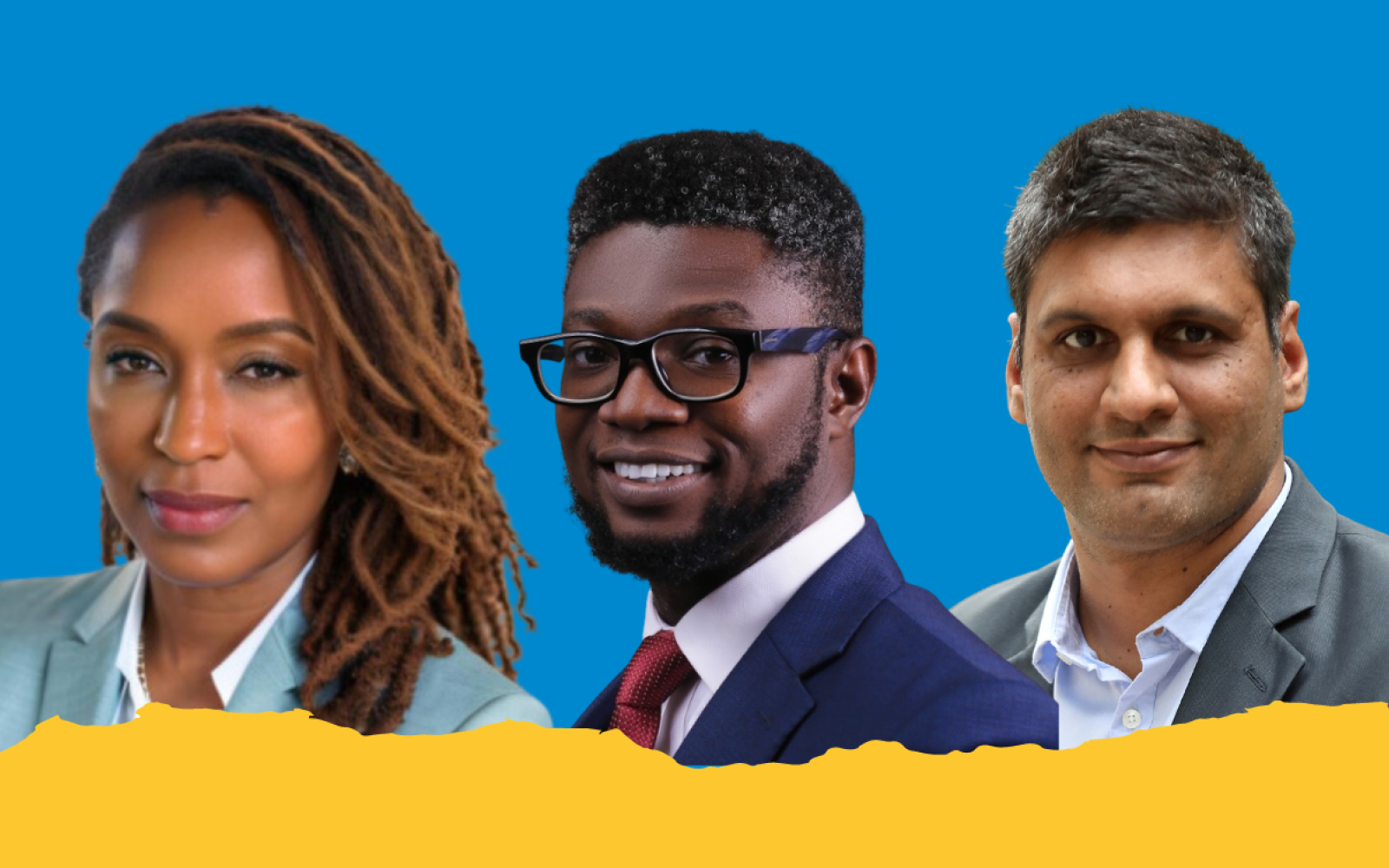 Headshots of Angelou Ezeilo, Okey Uzoechina, and Yashveer Singh