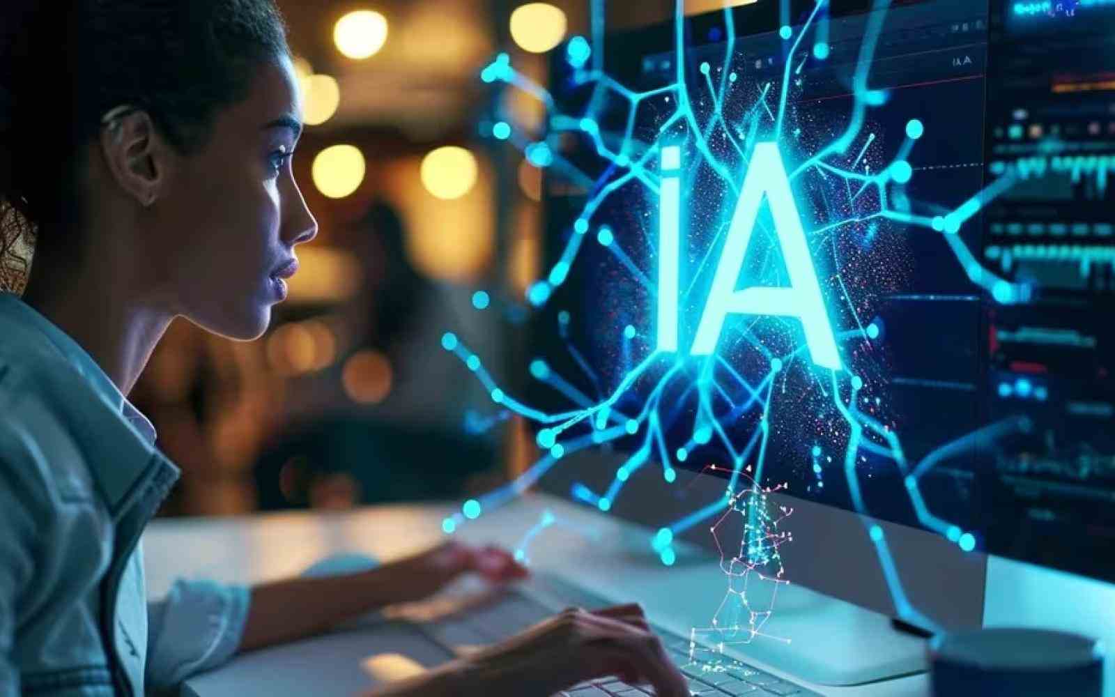 Mujer mirando una computadora con un cartel que dice IA en referencia a la inteligencia artificial
